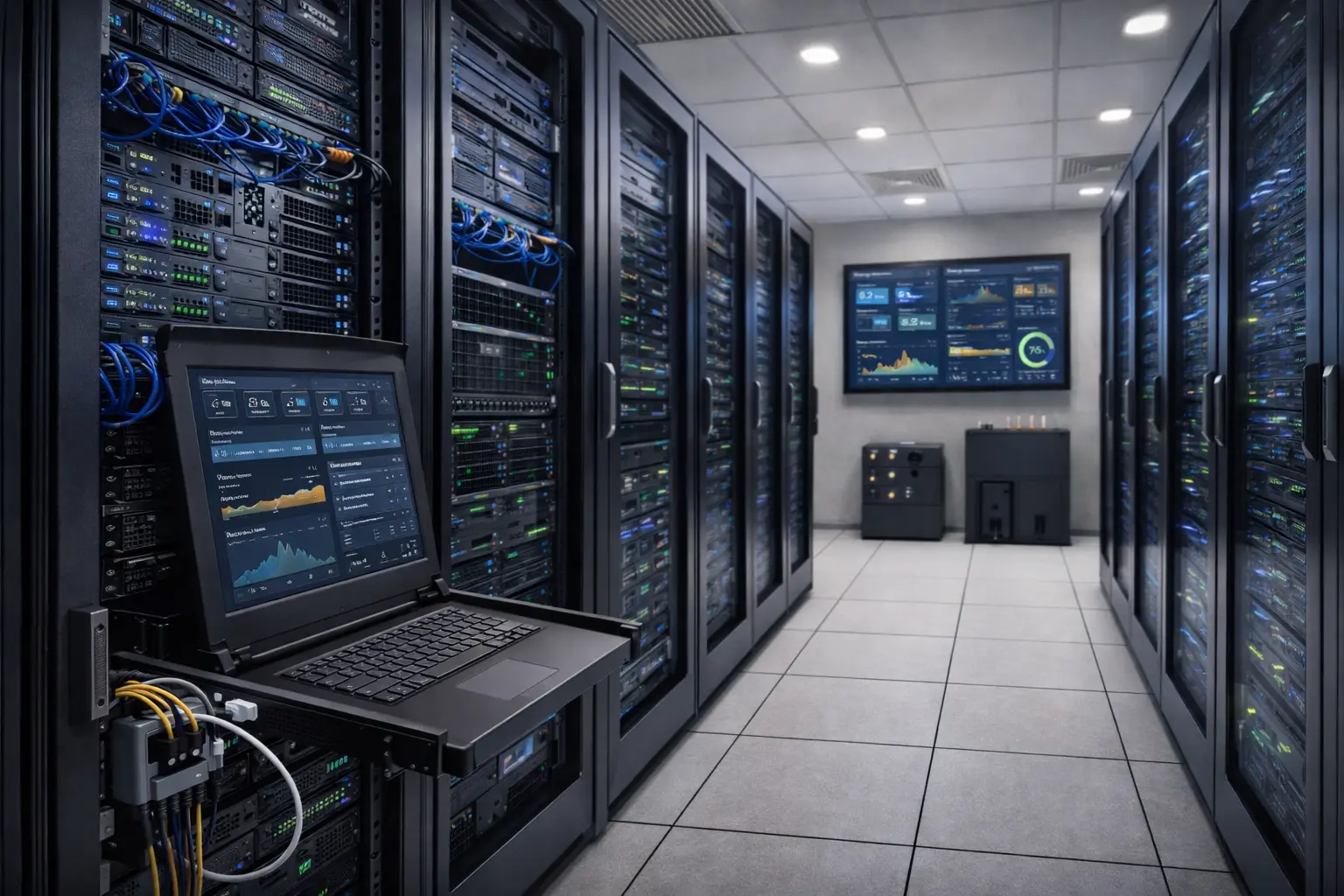 بنية مركز بيانات وغرفة سيرفرات تضم رفوف ومعدات شبكية
