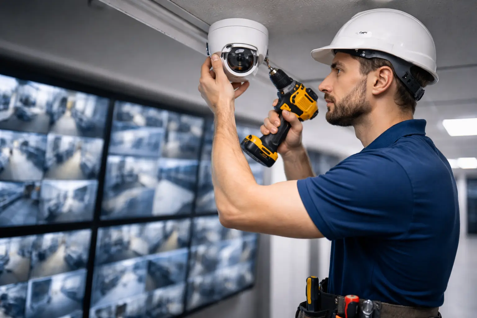 CCTV surveillance system with security cameras monitoring indoor and outdoor areas