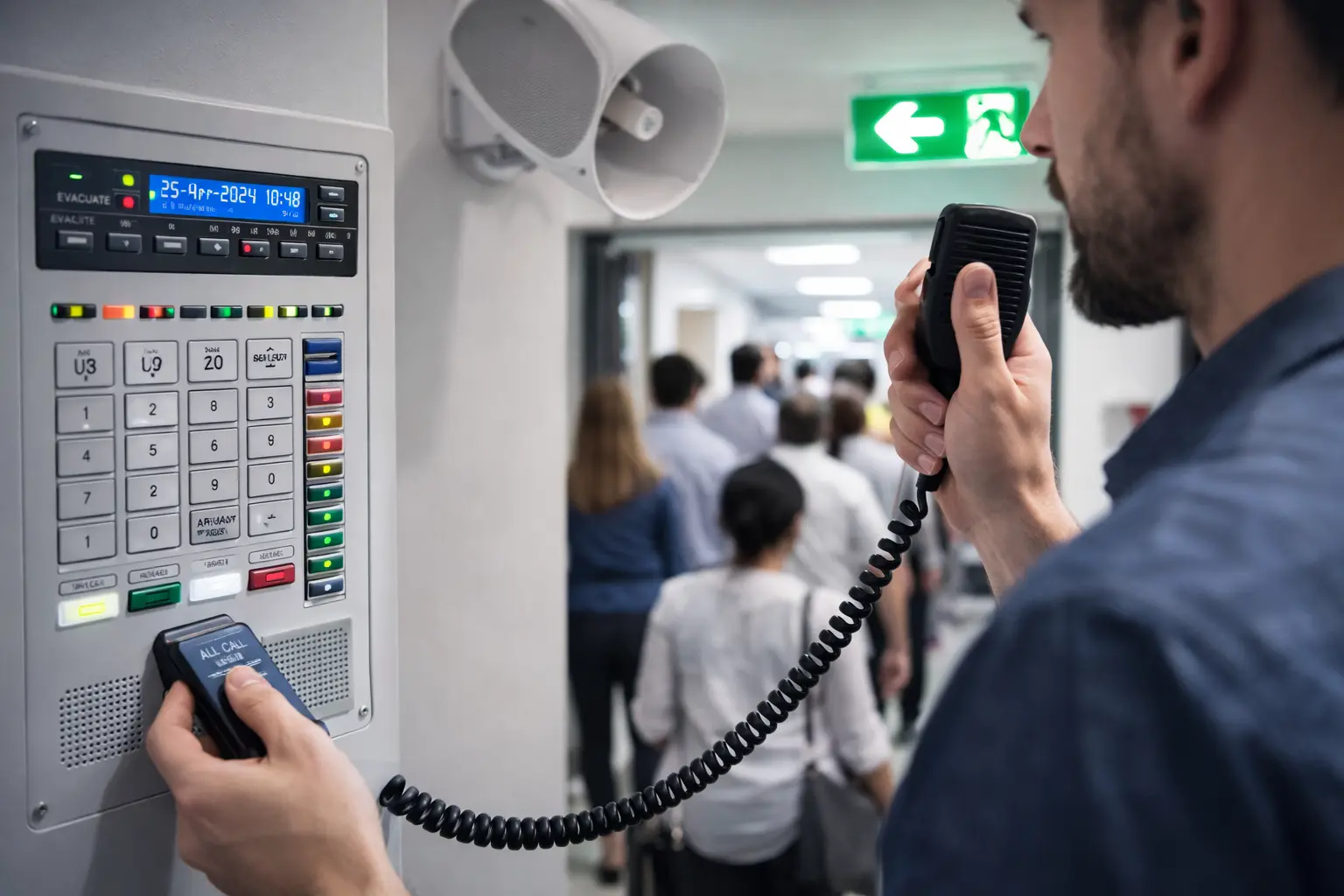 Public address and voice evacuation system installed in a large facility