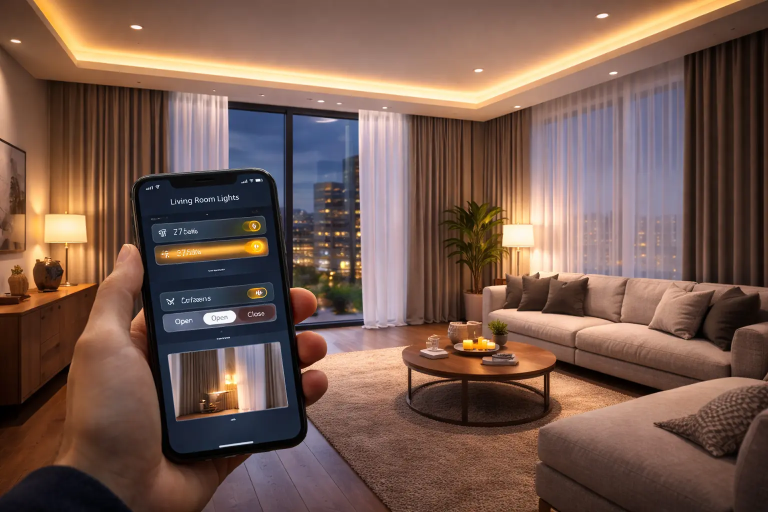 Smart lighting and automated curtain systems inside a modern home