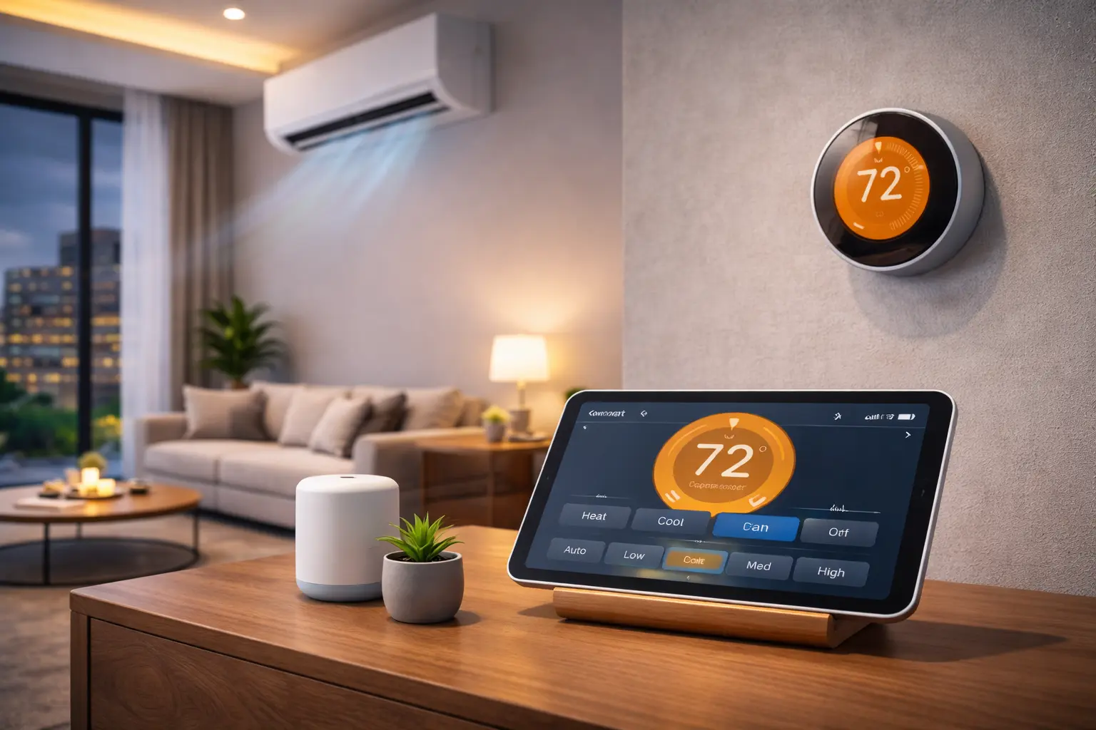 Smart thermostat controlling air conditioning and indoor temperature